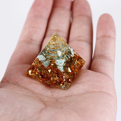 Chakra Pattern Orgonite Pyramid Resin Display Decorations, Healing Pyramids, for Stress Reduce Healing Meditation, with Brass Findings and Gemstone Chips Inside, for Home Office Desk