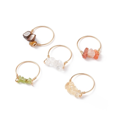 Natural Gemstone Chips Beaded Finger Rings, Light Gold Plated Copper Wire Wrap Jewelry for Women