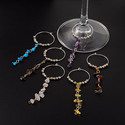 Copeaux de pierres précieuses vin charmes de verre, laiton cerceau avec billes de fer, 90x31mm