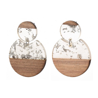 Transparent Resin & Walnut Wood Dangle Stud Earrings, with Foil, Steel Pin and plastic Ear Nuts, Flat Round