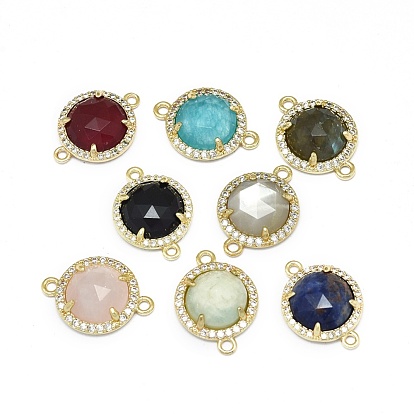 Gemstone Links Connectors, with Brass Findings and Cubic Zirconia, Faceted, Half Round, Golden