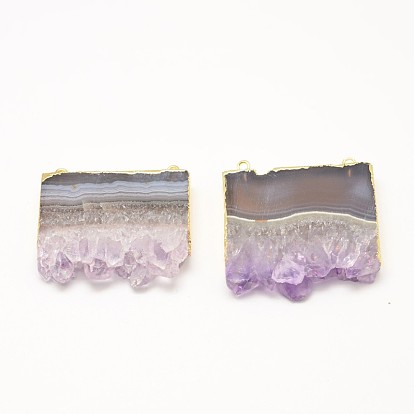 Rectangle Natural Amethyst Pendants, with Brass Findings, 31~41x40x8mm, Hole: 2mm