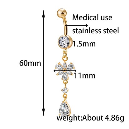 Brass Cubic Zirconia Navel Ring, Belly Rings, with 304 Stainless Steel Bar, Cadmium Free & Lead Free, Flower and Teardrop