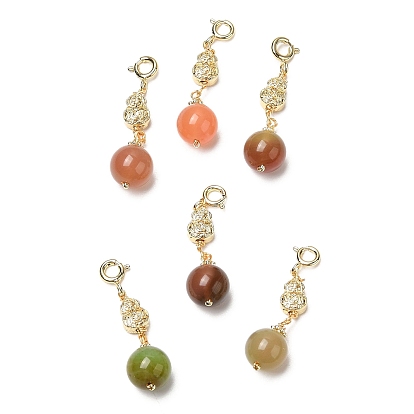 Natural Agate Round Pendant Decorations, Brass Gourd and Spring Ring Clasps Charm Ornament