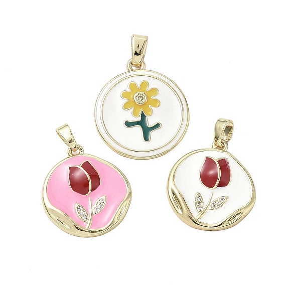 Латунные микро проложить кубического циркония подвески, плоские круглые с цветком, с эмалью, стойки покрытие, долговечный, без свинца и без кадмия, реальный 18 k позолоченный