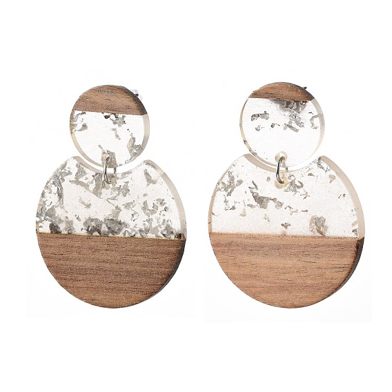 Transparent Resin & Walnut Wood Dangle Stud Earrings, with Foil, Steel Pin and plastic Ear Nuts, Flat Round