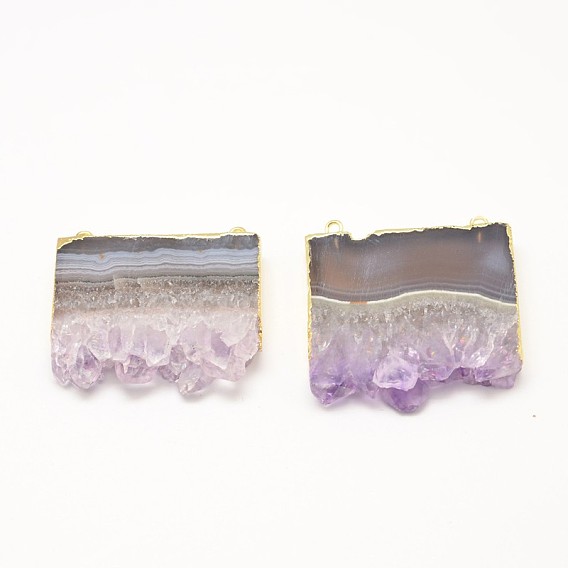 Rectangle Natural Amethyst Pendants, with Brass Findings, 31~41x40x8mm, Hole: 2mm
