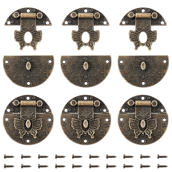 Alloy Box Lock Catch Clasps, Jewelry Box Latch Hasp Lock Clasps, with Screws, Cadmium Free & Lead Free, Flat Round with Butterfly