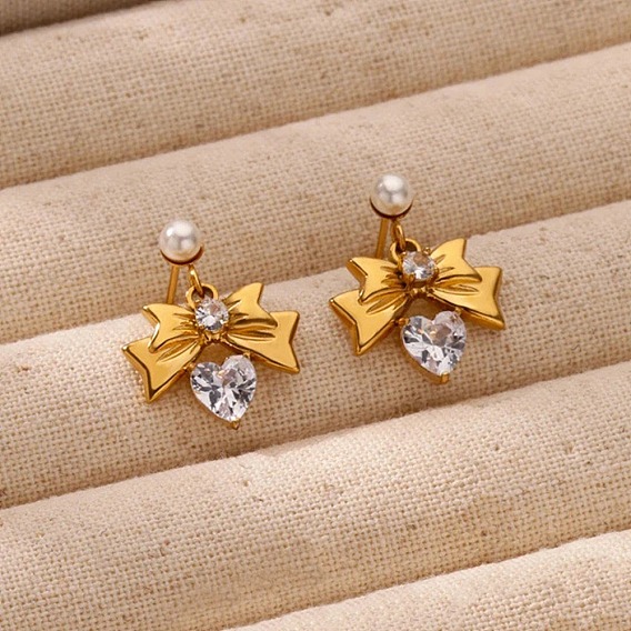 304 серьги-гвоздики с бантом из нержавеющей стали с микропаве из кубических цирконий, с пластиковой имитационной жемчужиной, реальный 18 k позолоченный