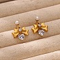 304 серьги-гвоздики с бантом из нержавеющей стали с микропаве из кубических цирконий, с пластиковой имитационной жемчужиной, реальный 18 k позолоченный