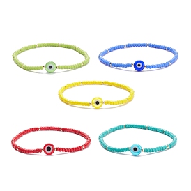 5Pcs 5 Colors MIYUKI Seed Beaded Stretch Bracelets Set with Evil Eye, Lucky Protection Jewelry for Women