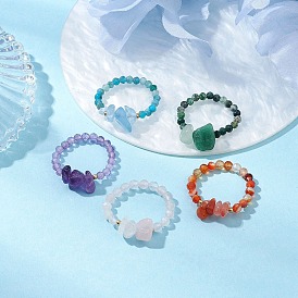 Кольца из натуральных камней с бусинами, с латунными бусинами и эластичной хрустальной нитью