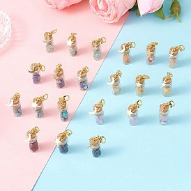 21 шт. 7 стили чакра натуральные и синтетические драгоценные камни чипсы внутри стеклянная бутылка желаний кулон украшение, с подвесками из нержавеющей стали в виде звезд, луны и молний