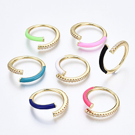 Brass Micro Pave Clear Cubic Zirconia Cuff Rings, Open Rings, with Enamel, Cadmium Free & Nickel Free & Lead Free, Golden
