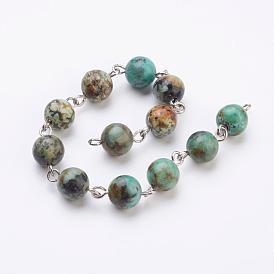 Chaînes de perles de turquoise (jaspe) africaines naturelles faites à la main, non soudée, avec épingle à oeil en fer
