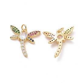 Brass Micro Pave Colorful Cubic Zirconia Pendants, with Jump Ring, Dragonfly Charms