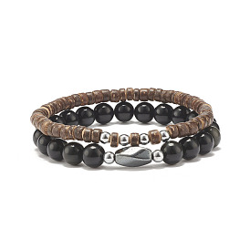 Natural Obsidian & Coconut & Synthetic Hematite Beads Stretch Bracelets Set, Stone Wood Power Jewelry for Women
