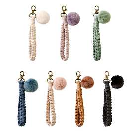 Handmade Macrame Braided Cotton Cord Pendant Decorations, Boho Weave Wristlet with Fur Ball and Alloy Clasp