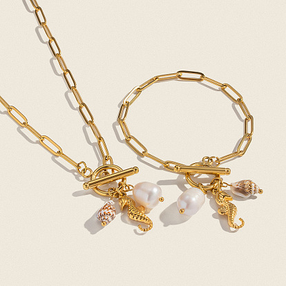 Летний пляж 304 Ожерелья с подвесками в виде морского конька из нержавеющей стали, натуральных ракушек и искусственного жемчуга