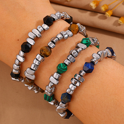 304 Stainless Steel and Acrylic Nuggets Beaded Bracelets for Men, Stainless Steel Color