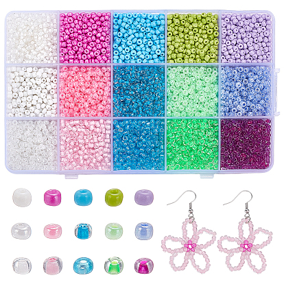 195G 15 Colors Transparent Glass Seed Beads, Inside Colours, Round Hole, Round