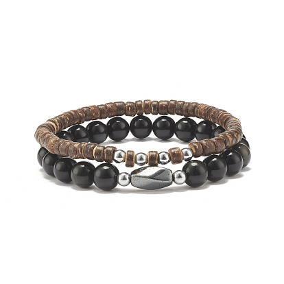 Natural Obsidian & Coconut & Synthetic Hematite Beads Stretch Bracelets Set, Stone Wood Power Jewelry for Women
