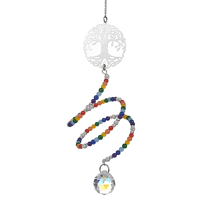 Natural & Dyed Malaysia Jade Bead Pendant Decotations, with Glass Round Charm and 201 Stainless Steel Flat Round with Tree of Life