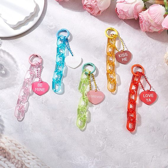 5 шт 5 цвета акриловое сердце и кабель цепочка подвеска украшение, застежки из сплава, окрашенные распылением, подвески для украшений сумок