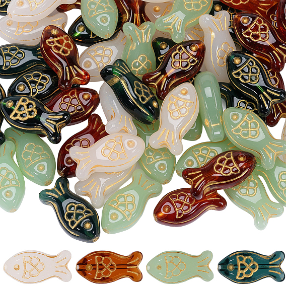 60Pcs 4 Colors Glass Beads, Golden Metal Enlaced, Fish