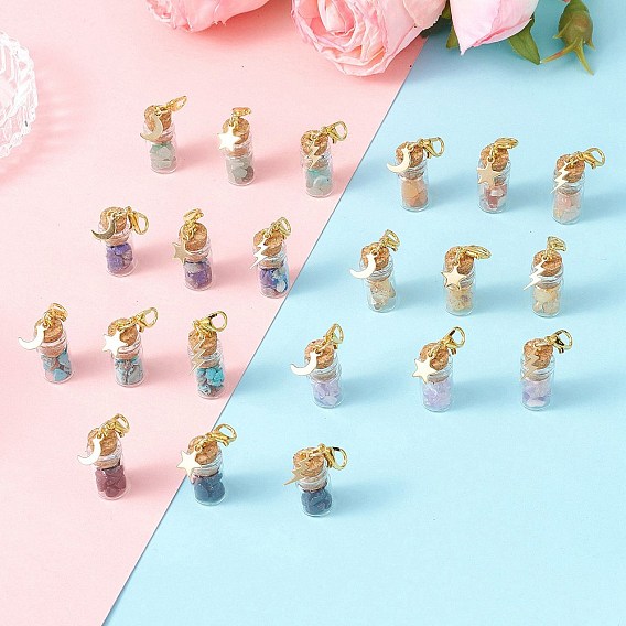 21 шт. 7 стили чакра натуральные и синтетические драгоценные камни чипсы внутри стеклянная бутылка желаний кулон украшение, с подвесками из нержавеющей стали в виде звезд, луны и молний