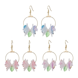 3 пары 3 цвета 304 серьги-подвески в форме цветка и листа из нержавеющей стали, с акриловыми бусинами и подвеской, Латунные крючки для сережек, реальный 18 k позолоченный