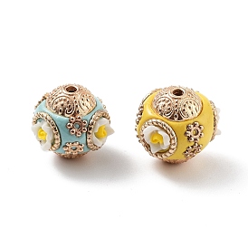 Handmade Indonesia Beads, with Alloy and Resin, Round with Flower, Golden