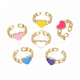 Brass Enamel Cuff Rings, Open Rings, Nickel Free, Curb Chain, Heart, Real 16K Gold Plated