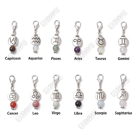 48 piezas 12 estilos de decoraciones colgantes de piedras preciosas naturales y sintéticas, con cierres de pinza de langosta de aleación y abalorios, ronda plana con constelación / signo del zodiaco