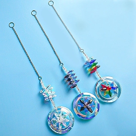 Glass Flower Hanging Ornaments, Octagon Beads Tassel Suncatchers for Car Decoration