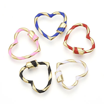 Brass Screw Carabiner Lock Charms, for Necklaces Making, with Enamel, Heart, Golden