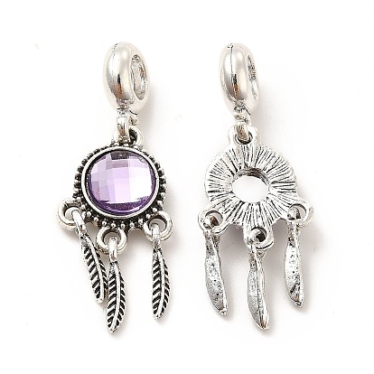 Rack Plating Alloy European Dangle Charms, with Glass, Large Hole Charms, Flat Round with Feather, Antique Silver