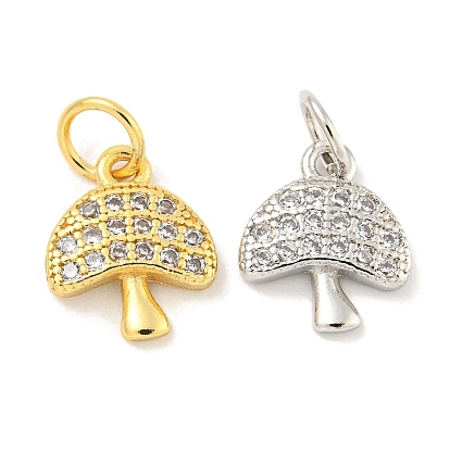 Rack Plating Brass Micro Pave Clear Cubic Zirconia Pendants, Long-Lasting Plated, with Jump Rings, Lead Free & Cadmium Free, Mushroom