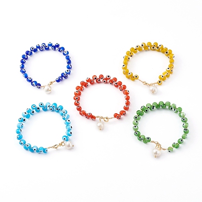 Natural Pearl Charm Bracelets, with Handmade Evil Eye Lampwork Beads and Cardboard Box, Round, Golden