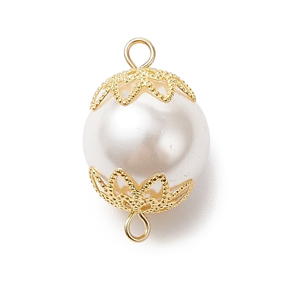 Подвески-соединители из белых круглых жемчужин, с латунными колпачками и 304 двойными петлями из нержавеющей стали