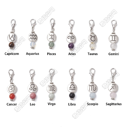 48 piezas 12 estilos de decoraciones colgantes de piedras preciosas naturales y sintéticas, con cierres de pinza de langosta de aleación y abalorios, ronda plana con constelación / signo del zodiaco