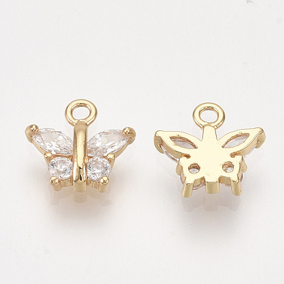 Brass Cubic Zirconia Charms, Butterfly, Clear, Real 18K Gold Plated