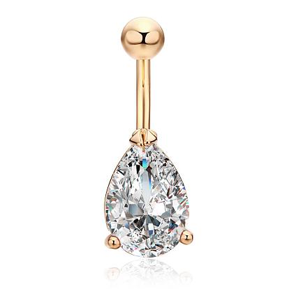 Real 18K Gold Plated Teardrop Brass Cubic Zirconia Navel Ring Navel Ring Belly Rings, with 304 Stainless Steel Bar, 28x11mm