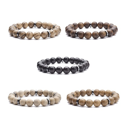 Natural Wood Round Beaded Stretch Bracelet with Synthetic Hematite, Yoga Jewelry for Women