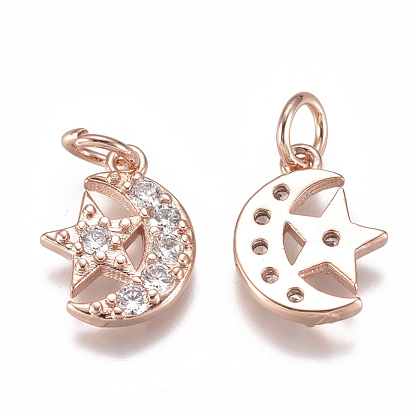 Brass Micro Pave Cubic Zirconia Charms, with Jump Ring, Long-Lasting Plated, Moon with Star