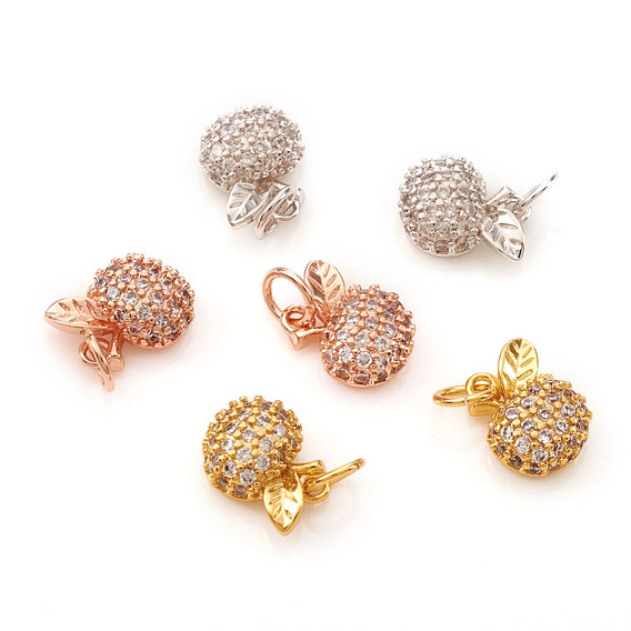 Brass Micro Pave Cubic Zirconia Charms, with Jump Rings, Apple