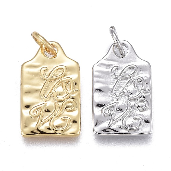 Brass Pendants, with Jump Rings, for Valentine's Day, Long-Lasting Plated, Rectangle with Word Love