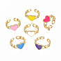 Brass Enamel Cuff Rings, Open Rings, Nickel Free, Curb Chain, Heart, Real 16K Gold Plated