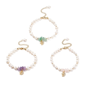 Gemstone Chips & Pearl Beaded Bracelet, Clear Cubic Zirconia Moon & Star Charm Bracelet for Women, Golden