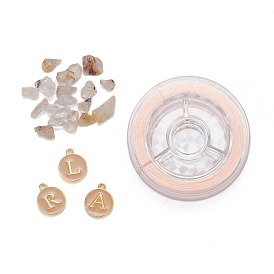 26Pcs Flat Round Initial Letter A~Z Alphabet Enamel Charms, 20G Natural Gold Rutilated Quartz Chip Beads and Elastic Thread, for DIY Jewelry Making Kits